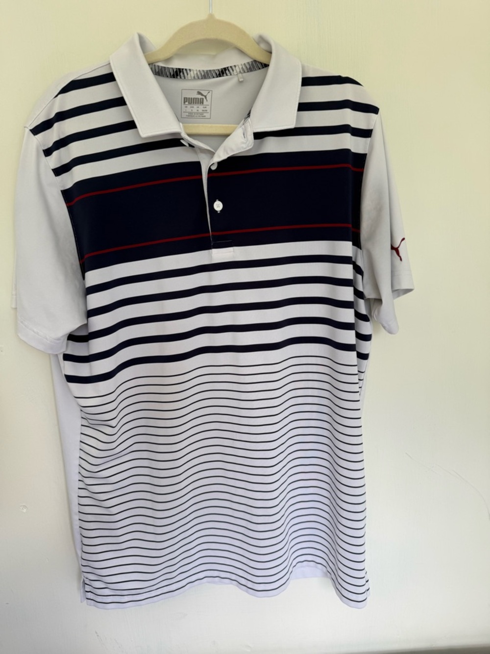 PUMA Men's White/Navy/ Red Striped Polo Shirt L Short Sleeve Logo Button